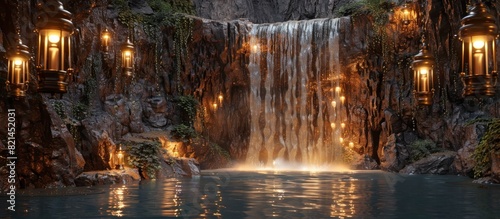 Steampunk Waterfall A D Rendering of RustColored Waters Illuminated by Brass Lanterns