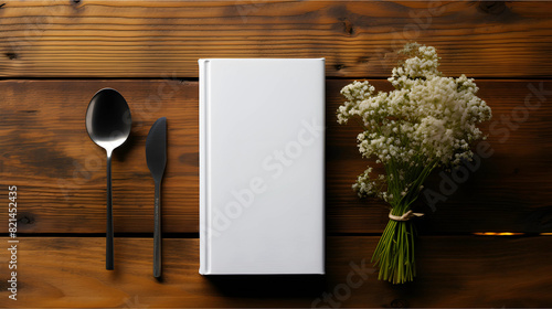 A close-up shot of the front view of a blank white book mockup, placed o a wooden background. The focus is on the book's cover, providing an opportunit to customize it with unique designs or branding.