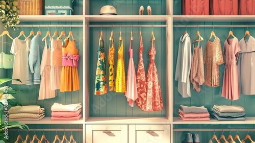A closet bursting with a variety of vibrant dresses and shirts hanging on hangers, creating a colorful and vibrant display. Generative AI © Анатолий Савицкий