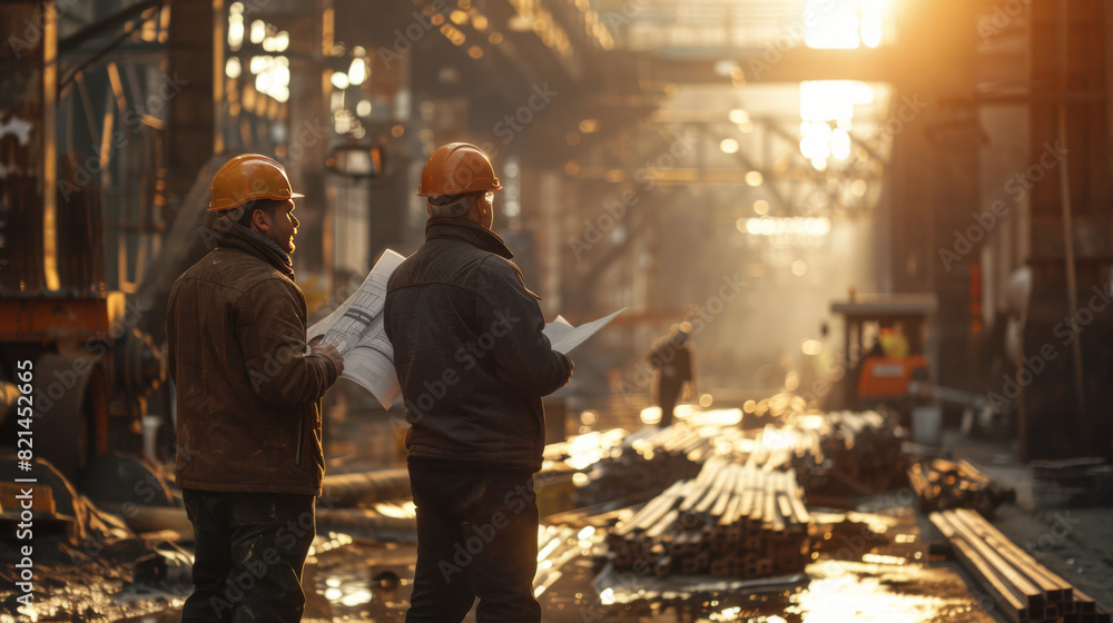 Two engineers in hard hats reviewing plans in a large industrial facility during sunset, symbolizing teamwork and industrial development. Two engineers in hard hats reviewing plans in a large industrial facility during sunset, symbolizing teamwork and industrial development.