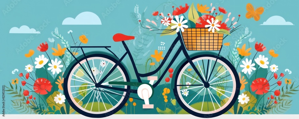 Fototapeta premium A bicycle with a basket full of flowers on it. The flowers are in various colors and are scattered all over the basket. The bicycle is parked in a field with a blue sky in the background