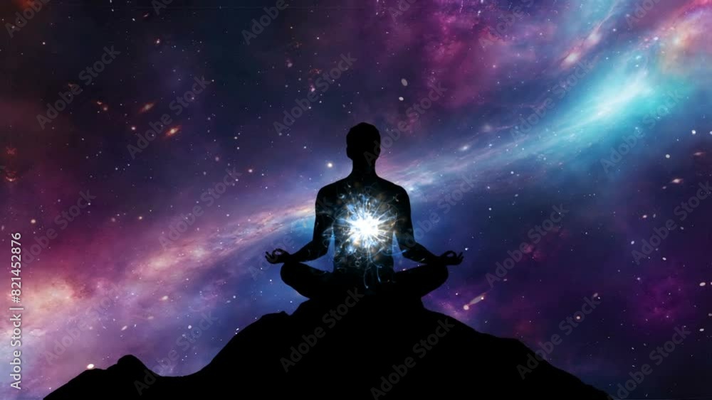 A tranquil silhouette of a person meditating on the peak of a mountain. The individual sits in a classic lotus position, enveloped by the peaceful backdrop of a vibrant, star-filled night sky A tranquil silhouette of a person meditating on the peak of a mountain. The individual sits in a classic lotus position, enveloped by the peaceful backdrop of a vibrant, star-filled night sky