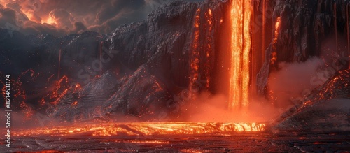 Fiery Cataclysm A Dramatic D Rendered Waterfall of Molten Lava in a Volcanic Landscape photo