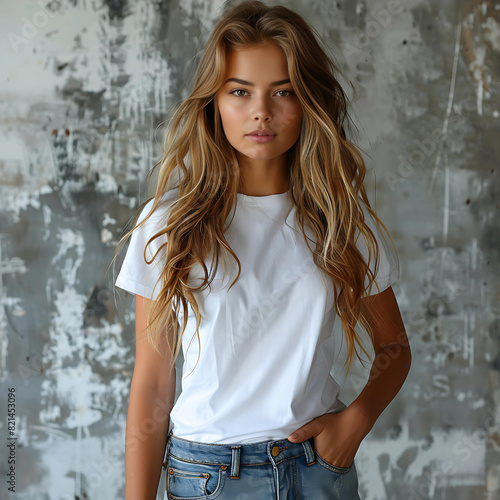Close-up of front view of mockup of teenage girl wearing blank white t-shirt.