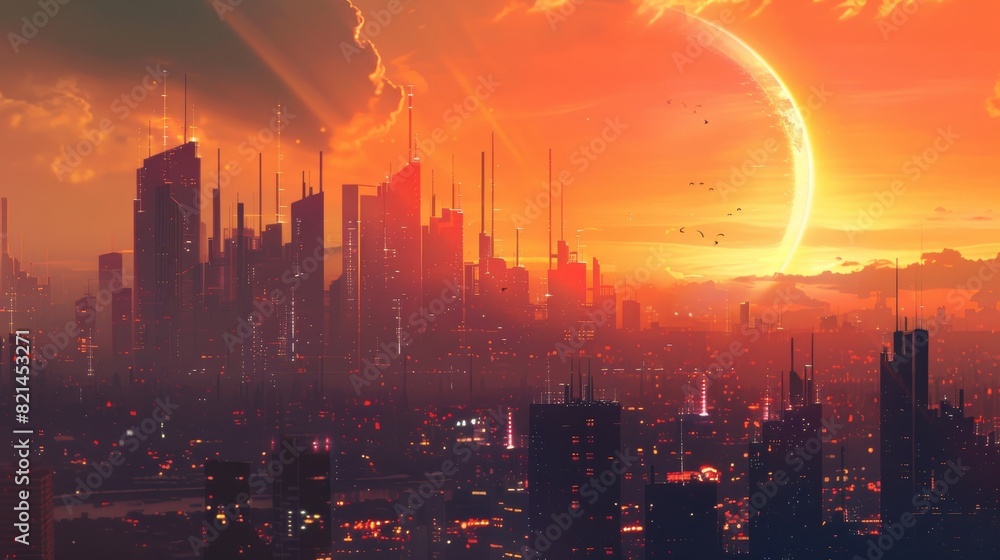 Futuristic city skyline at sunset for cyberpunk or urban themed designs