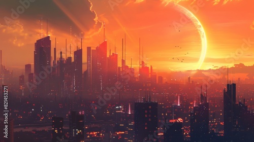 Futuristic city skyline at sunset for cyberpunk or urban themed designs