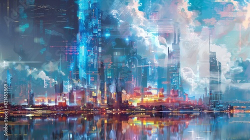 Futuristic cyberpunk city with neon lights and digital network