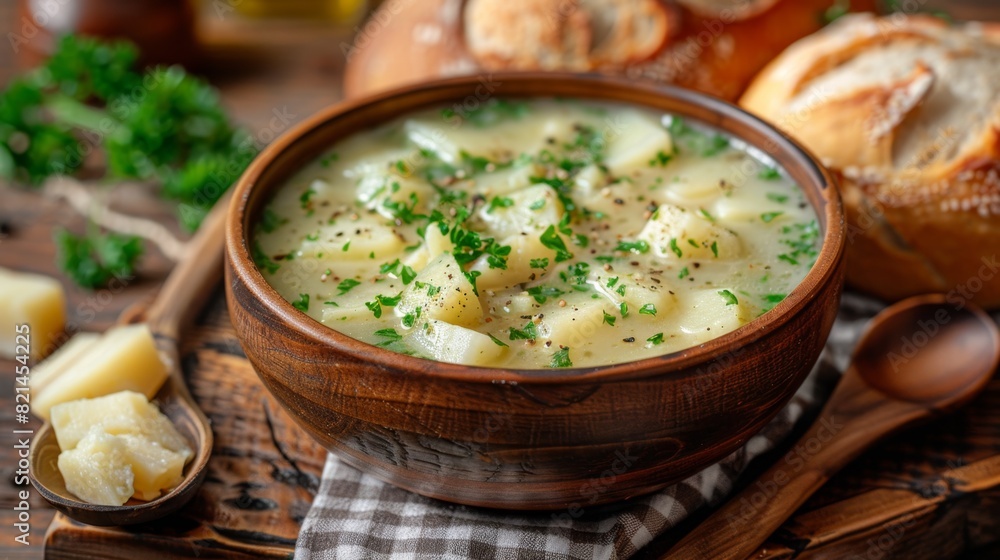 a rustic scene with a wooden spoon, bread, and potato soup on a checkered tablecloth, inspiring ideas for a comforting meal a rustic scene with a wooden spoon, bread, and potato soup on a checkered tablecloth, inspiring ideas for a comforting meal
