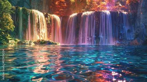 Tranquil Sunset Escape A D Rendered Tropical Waterfall with Vibrant Colors