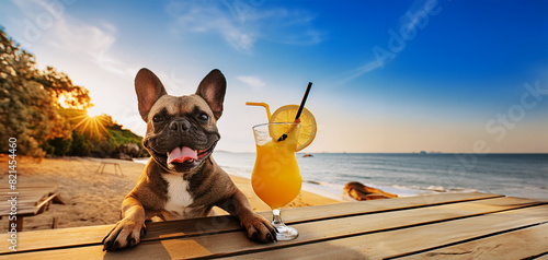 Portrait of a happy bulldog dog sitting on tropical beach with a glass of orange juice on the table. photo