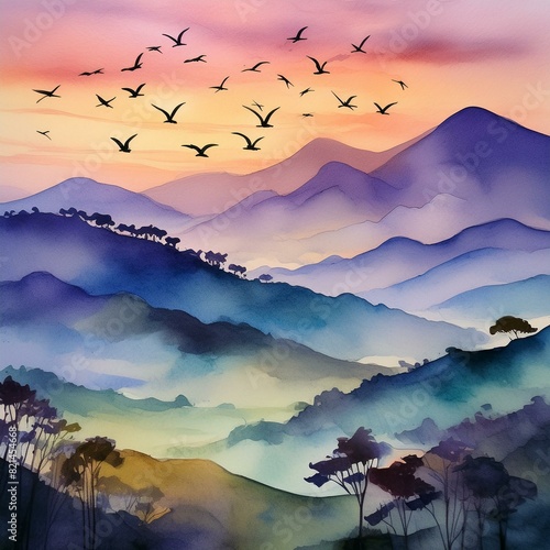 watercolor painting of Misty mountains with gentle slopes and flock of birds in sunrise sky