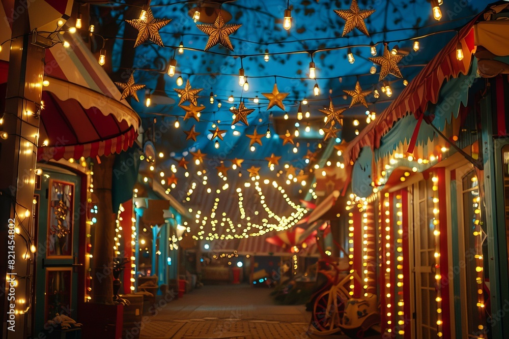Festive Market Alley with String Lights and Stars