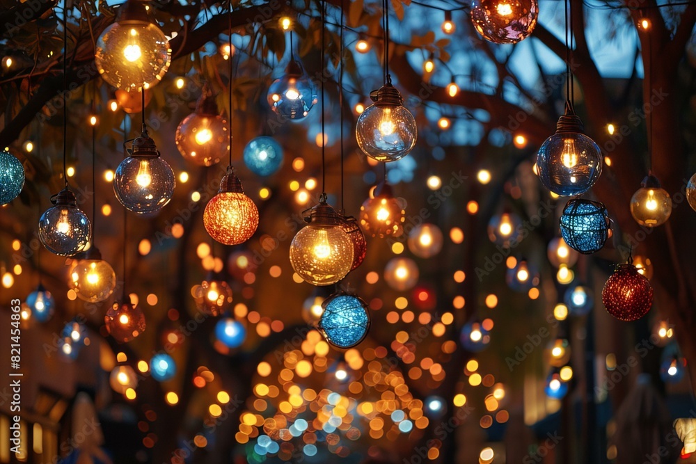 Festive Hanging Lights in a Magical Outdoor Setting Festive Hanging Lights in a Magical Outdoor Setting