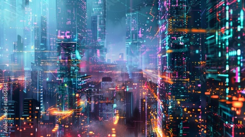 Futuristic neon city skyline for tech or game design