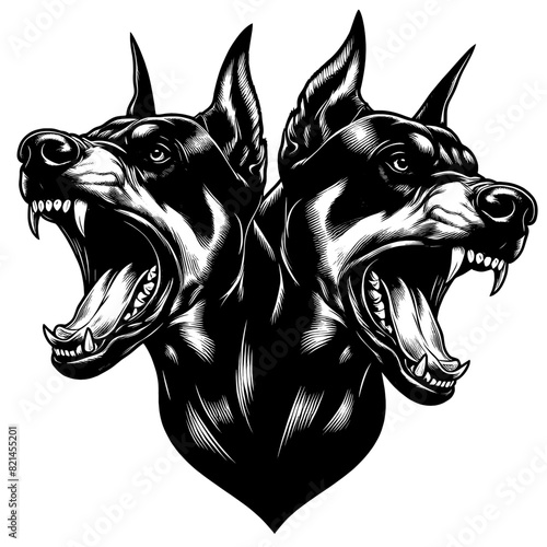 Hand drawn illustration of fierce doberman dog, vector sketch isolated on transparent background.	