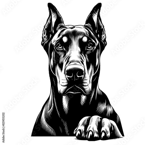 Hand drawn illustration of fierce doberman dog, vector sketch isolated on transparent background.	
