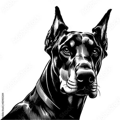 Hand drawn illustration of fierce doberman dog, vector sketch isolated on transparent background.	