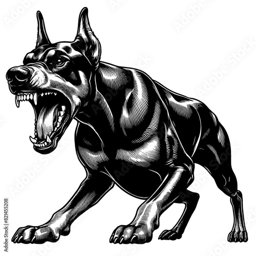 Hand drawn illustration of fierce doberman dog, vector sketch isolated on transparent background.