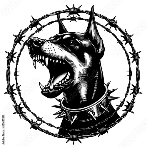 Hand drawn illustration of fierce doberman dog, vector sketch isolated on transparent background.	