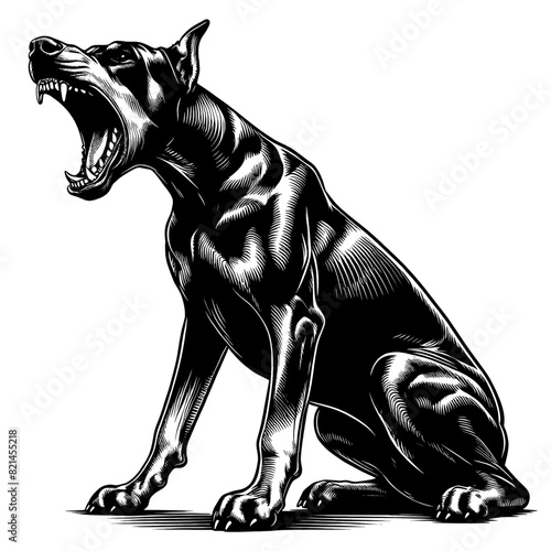 Hand drawn illustration of fierce doberman dog, vector sketch isolated on transparent background.