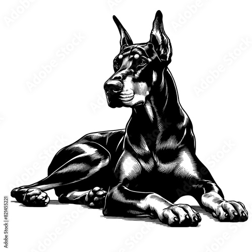 Hand drawn illustration of fierce doberman dog, vector sketch isolated on transparent background.