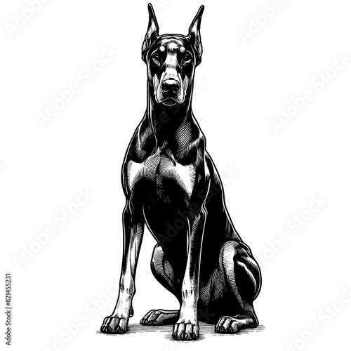 Hand drawn illustration of fierce doberman dog, vector sketch isolated on transparent background.