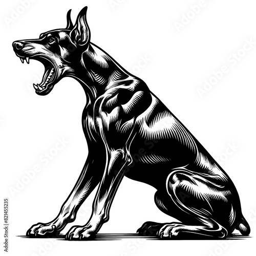 Hand drawn illustration of fierce doberman dog, vector sketch isolated on transparent background.