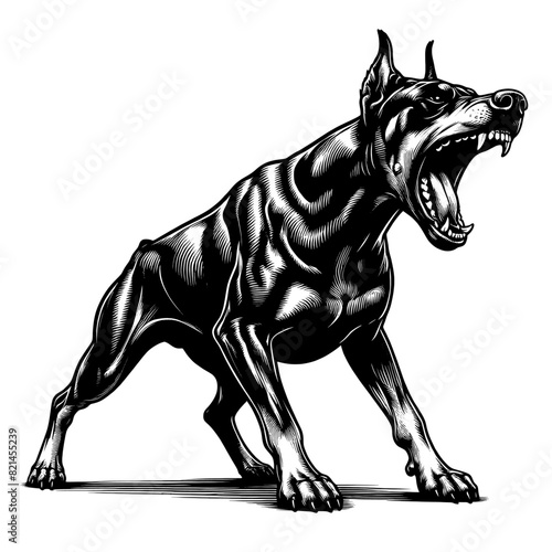 Hand drawn illustration of fierce doberman dog, vector sketch isolated on transparent background.