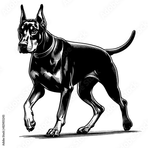 Hand drawn illustration of fierce doberman dog, vector sketch isolated on transparent background.