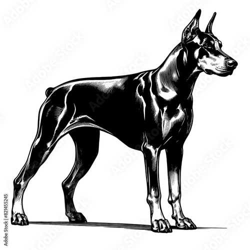 Hand drawn illustration of fierce doberman dog, vector sketch isolated on transparent background.