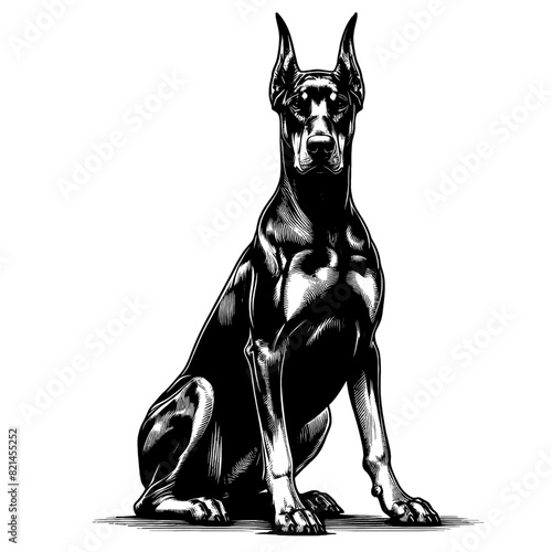 Hand drawn illustration of fierce doberman dog, vector sketch isolated on transparent background.