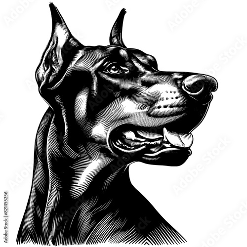 Hand drawn illustration of fierce doberman dog, vector sketch isolated on transparent background.	