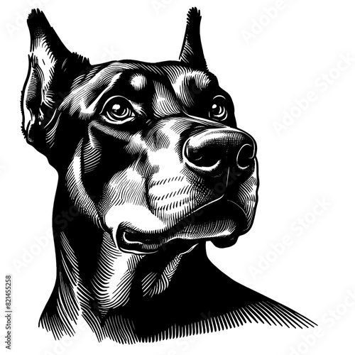 Hand drawn illustration of fierce doberman dog, vector sketch isolated on transparent background.	