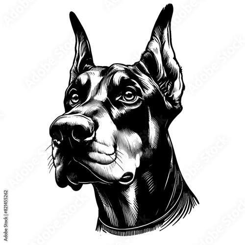 Hand drawn illustration of fierce doberman dog, vector sketch isolated on transparent background.	
