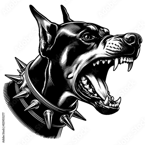 Hand drawn illustration of fierce doberman dog, vector sketch isolated on transparent background.	