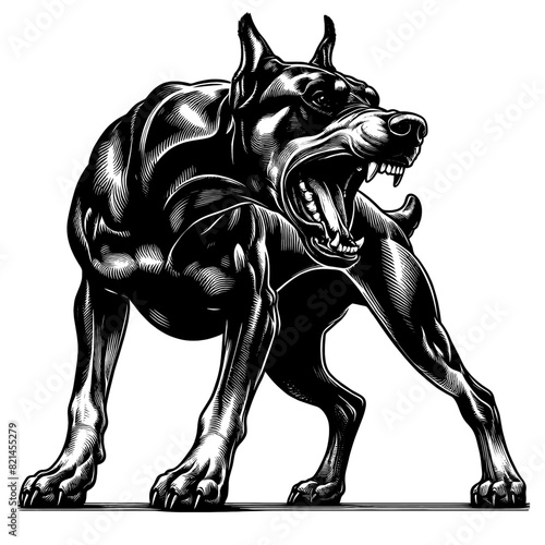 Hand drawn illustration of fierce doberman dog, vector sketch isolated on transparent background.