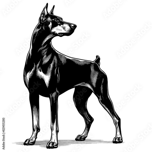 Hand drawn illustration of fierce doberman dog, vector sketch isolated on transparent background.