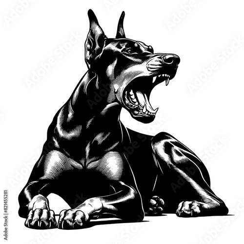Hand drawn illustration of fierce doberman dog, vector sketch isolated on transparent background.