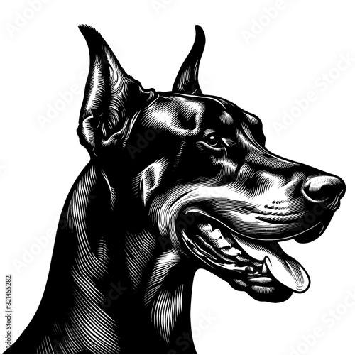 Hand drawn illustration of fierce doberman dog, vector sketch isolated on transparent background.	