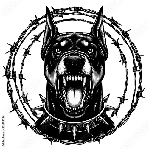 Hand drawn illustration of fierce doberman dog, vector sketch isolated on transparent background.	