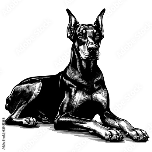 Hand drawn illustration of fierce doberman dog, vector sketch isolated on transparent background.