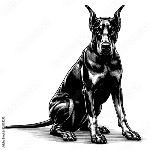 Hand drawn illustration of fierce doberman dog, vector sketch isolated on transparent background.