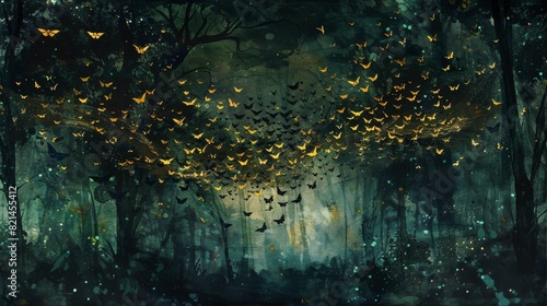 Golden butterflies in a dark forest for mystical or fantasy themed designs © Vilayat