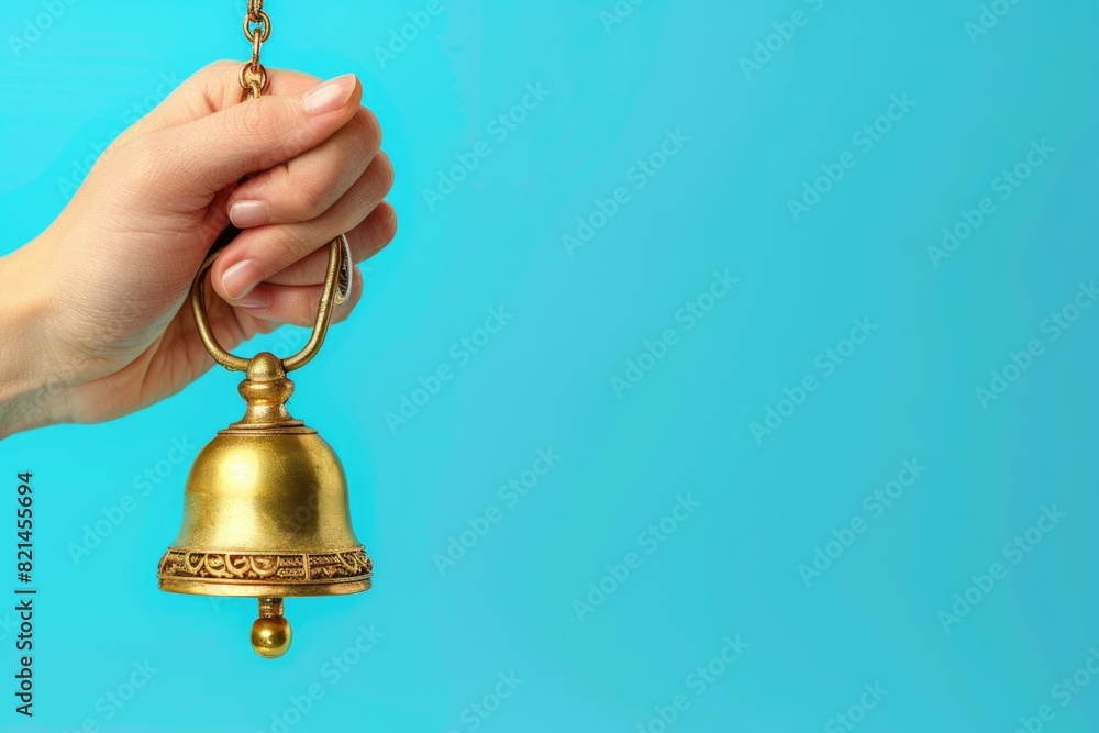 Woman's hand ringing a gold bell on a solid blue background. Stock ...