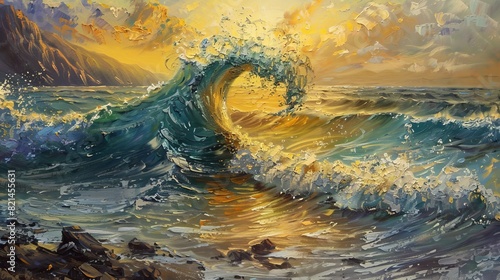 Golden sunset wave painting for modern home decor