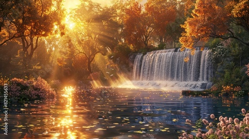 Renaissance Meets Nature in a Vibrant D Rendered Waterfall at Sunset © Sittichok