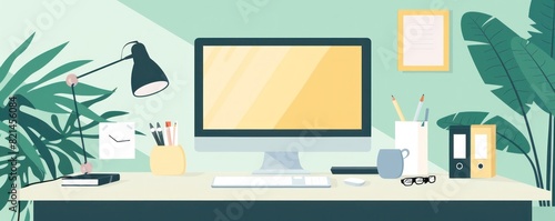 A computer desk with a monitor, keyboard, mouse, and a cup of coffee. The desk is surrounded by plants and has a clock on the wall. Scene is that of a comfortable and productive workspace