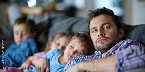 Parents exhausted on couch as hyperactive kids run around disrupting their rest. Concept Parenting, Exhaustion, Hyperactive Kids, Disruption, Family Dynamics