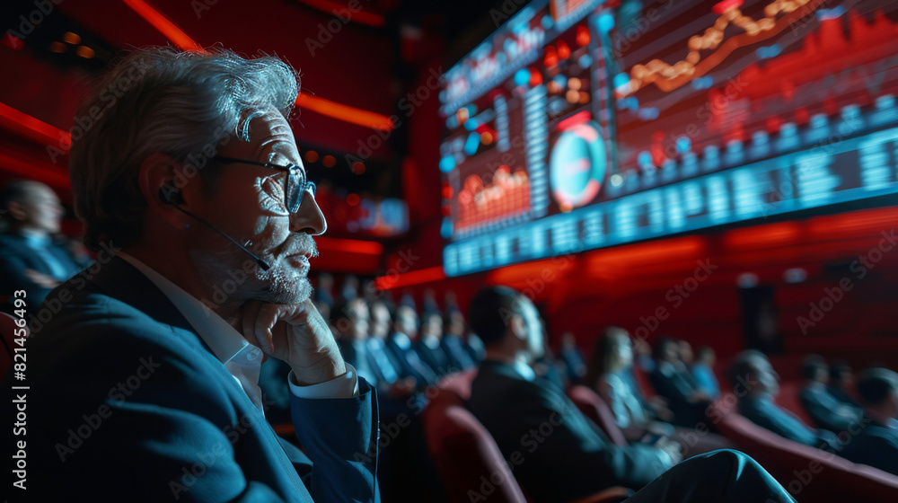 Financial analyst in a conference room observes stock market data on a large screen during a presentation.