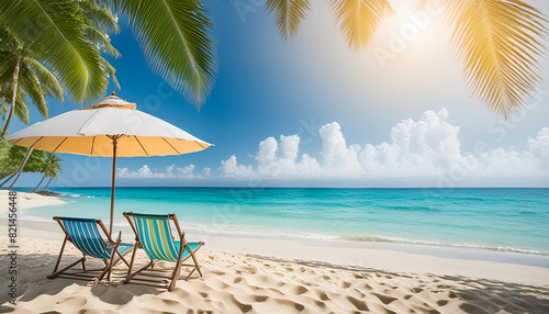 photo beautiful tropical beach and sea with chair umbrella, coconut palms travel tourism